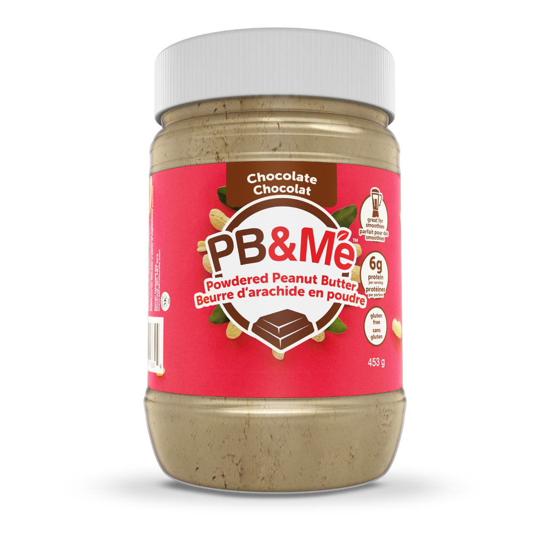 Pink 1lb jar of PB&Me Chocolate powdered peanut butter