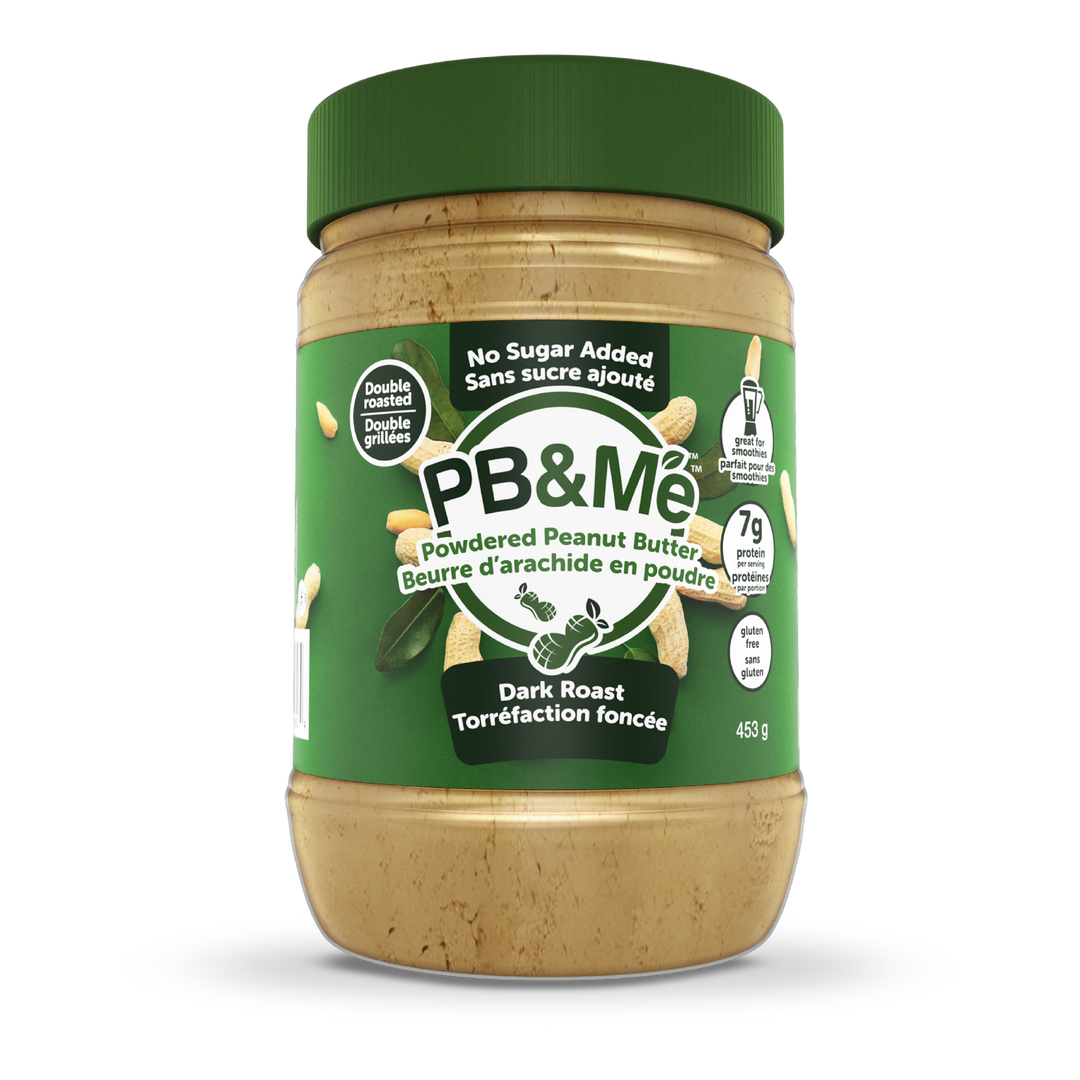 Dark green 1lb jar of PB&Me Dark Roast No Sugar Added powdered peanut butter