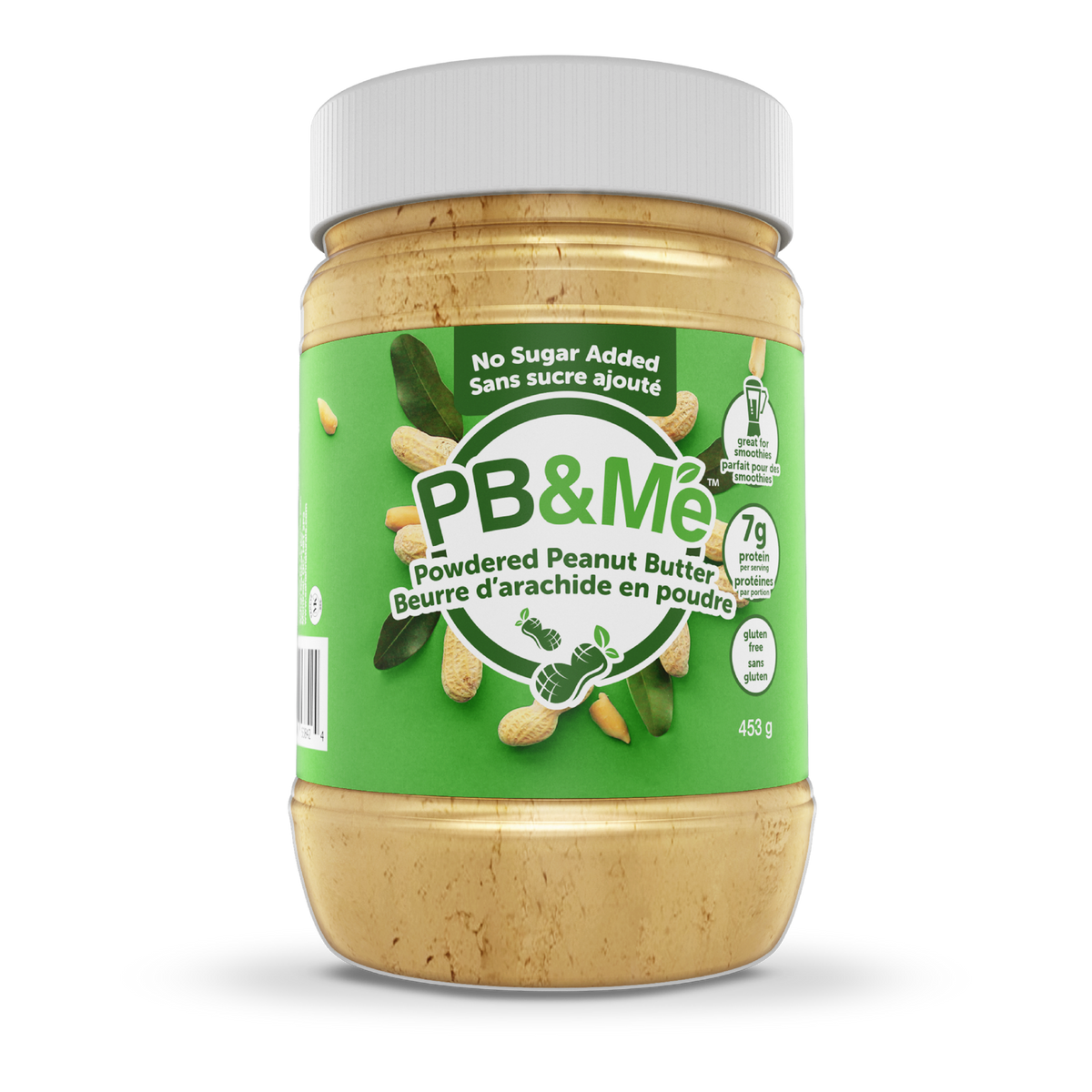 Green 1lb jar of PB&Me No Sugar Added powdered peanut butter