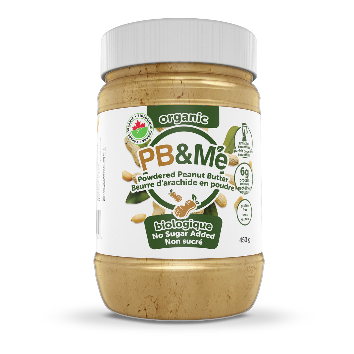 Green 1lb jar of PB&Me Organic No Sugar Added powdered peanut butter