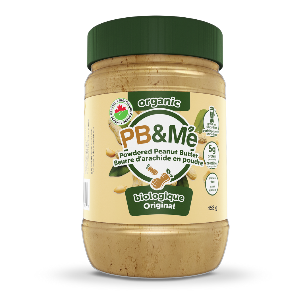 Yellow 1lb jar of PB&Me Organic Original powdered peanut butter