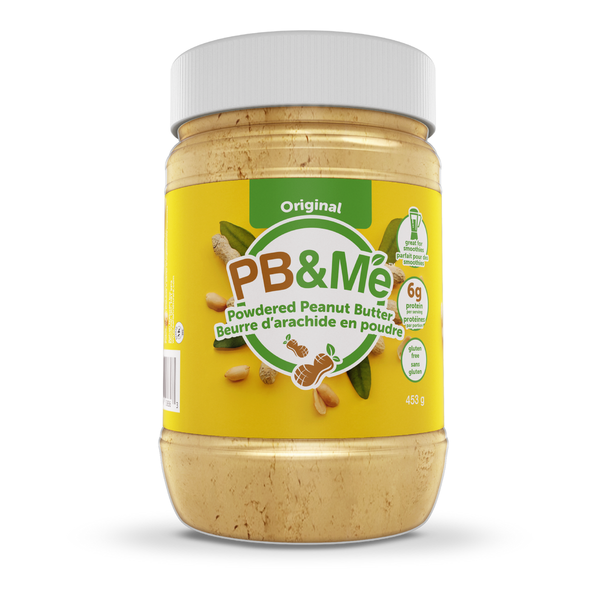 Yellow 1lb jar of PB&Me Original powdered peanut butter