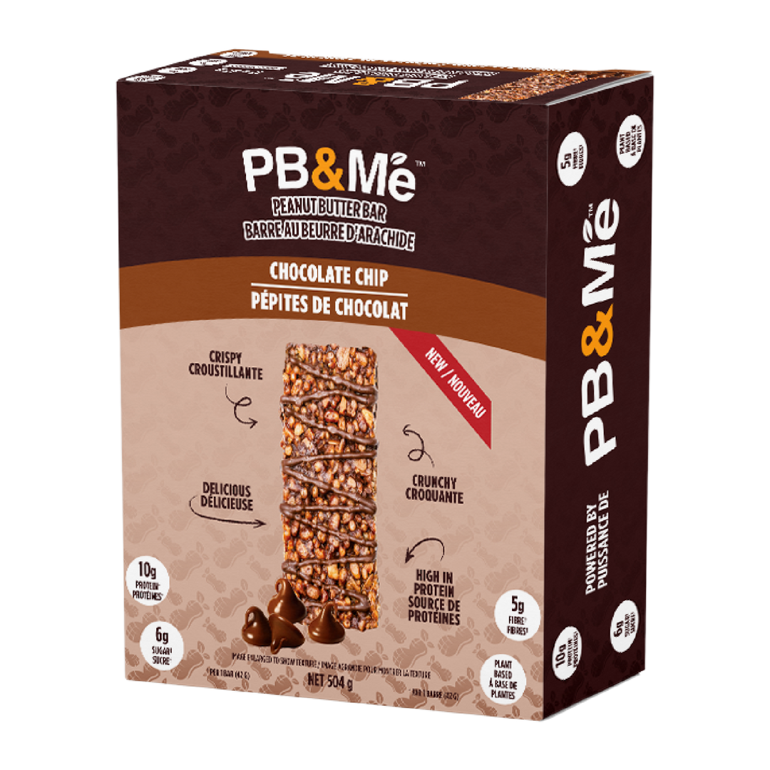 12-bar box of PB&Me Chocolate Chip peanut butter bars beside a single bar, 12 x 42 g