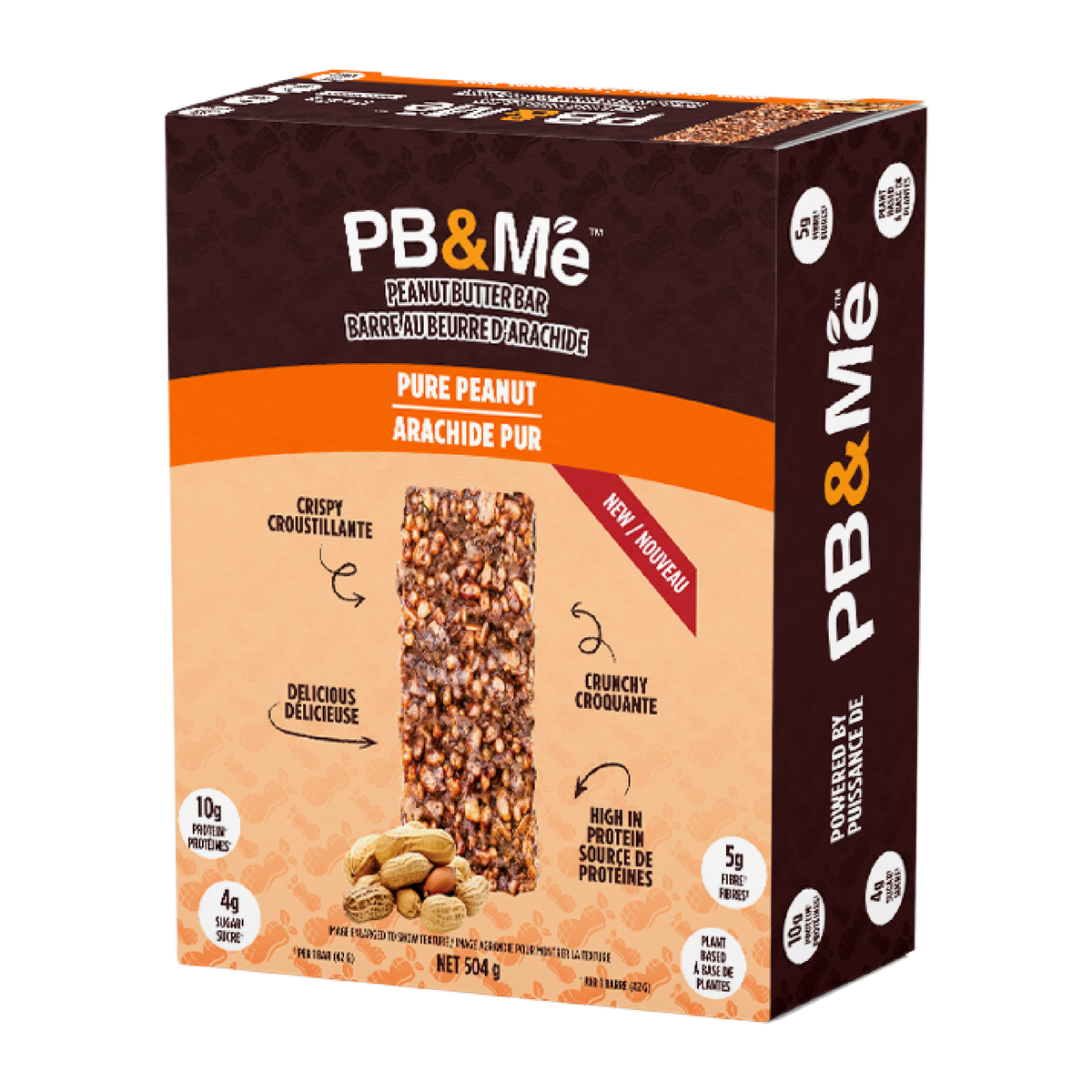 12-bar box of PB&Me Pure Peanut peanut butter bars beside a single bar, 12 x 42 g