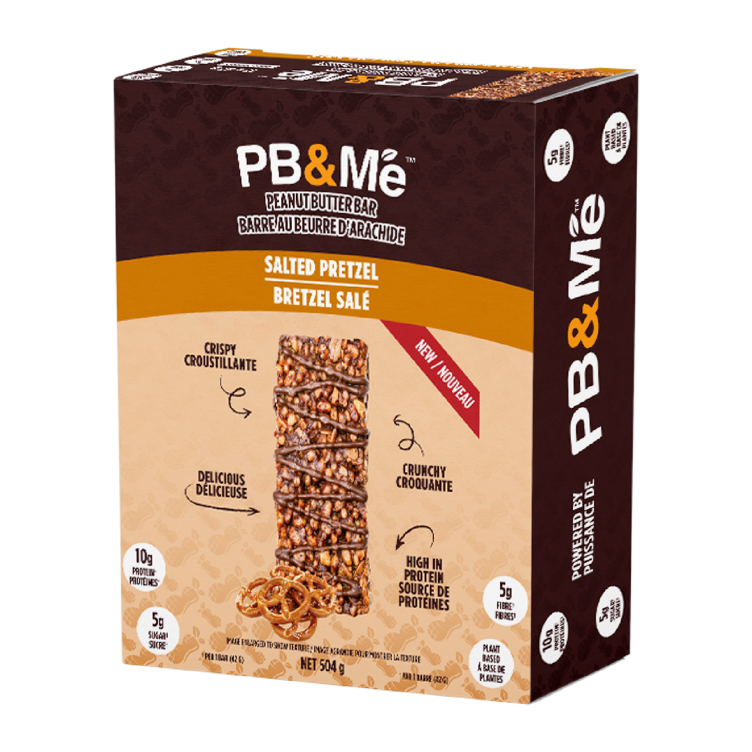 12-bar box of PB&Me Salted Pretzel peanut butter bars beside a single bar, 12 x 42 g