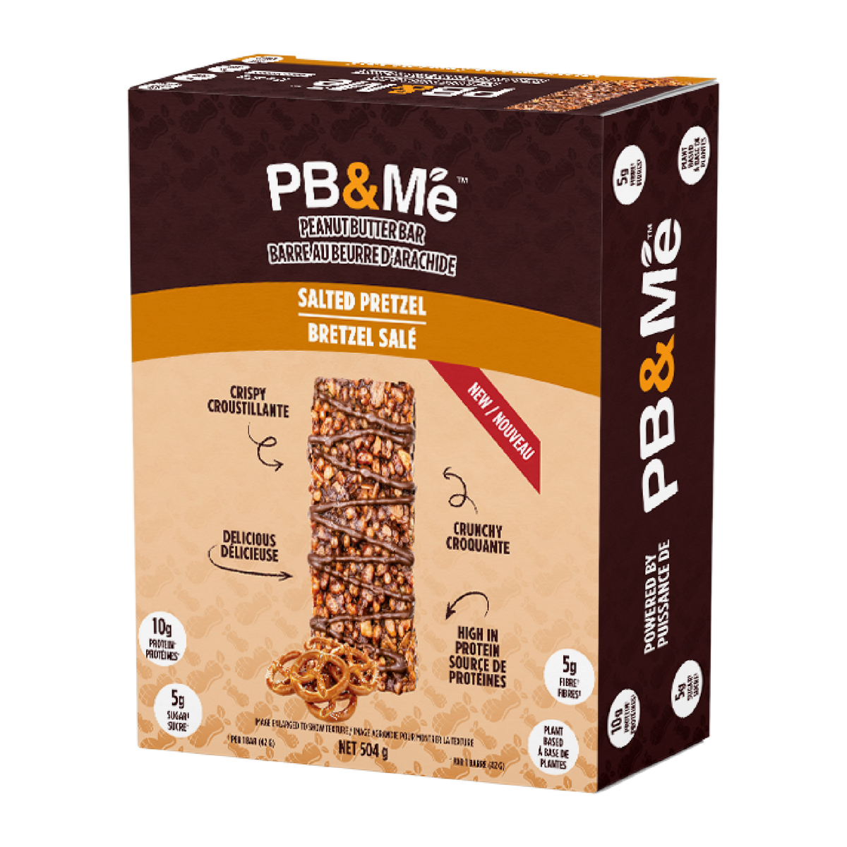 12-bar box of PB&Me Salted Pretzel peanut butter bars beside a single bar, 12 x 42 g