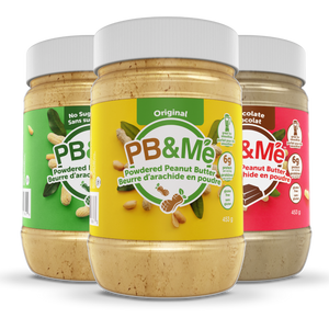 PB&Me Variety 3-pack: three 453 g jars of powdered peanut butter, No Sugar Added, Original and Chocolate